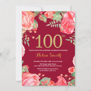 Invitation Rouge Floral 100e Anniversaire Parties scintillant