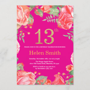 Invitation Rouge Floral 13e anniversaire Parties scintillant 
