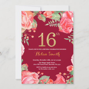 Invitation Rouge Floral 16e anniversaire Parties scintillant