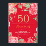 Invitation Rouge Floral 50e anniversaire Parties scintillant<br><div class="desc">Red Floral 50th Birthday Invitation for Women. Aquarelle Fleurie Botanique. Parties scintillant or. Arrière - plan rouge. Pies Roses Fleurs Florales. Anniversaire adulte. Pour plus de personnalisation,  cliquez sur le bouton "Customiser" et utilisez notre outil de conception pour modifier ce modèle.</div>