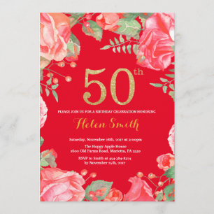 Invitation Rouge Floral 50e anniversaire Parties scintillant 