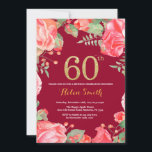 Invitation Rouge Floral 60e Anniversaire Parties scintillant<br><div class="desc">Red Floral 60th Birthday Invitation for Women. Aquarelle Fleurie Botanique. Parties scintillant or. Arrière - plan rouge de Bourgogne. Pies Roses Fleurs Florales. Anniversaire adulte. Pour plus de personnalisation,  cliquez sur le bouton "Customiser" et utilisez notre outil de conception pour modifier ce modèle.</div>
