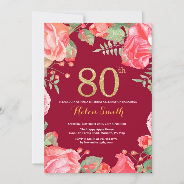 Invitation Rouge Floral 80e anniversaire Parties scintillant  (Devant)