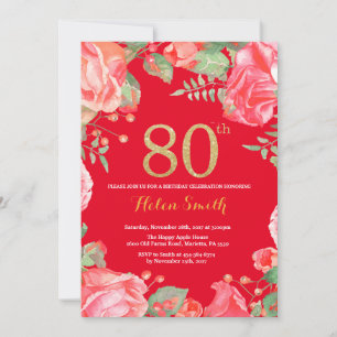 Invitation Rouge Floral 80e anniversaire Parties scintillant 