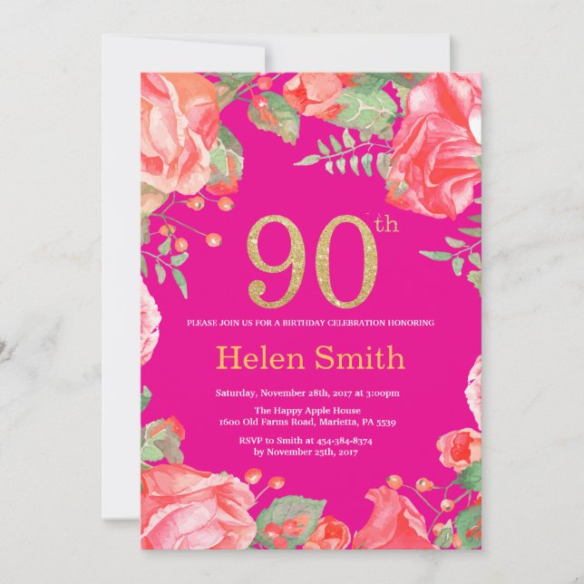 Invitation Rouge Floral 90e anniversaire Parties scintillant  (Devant)
