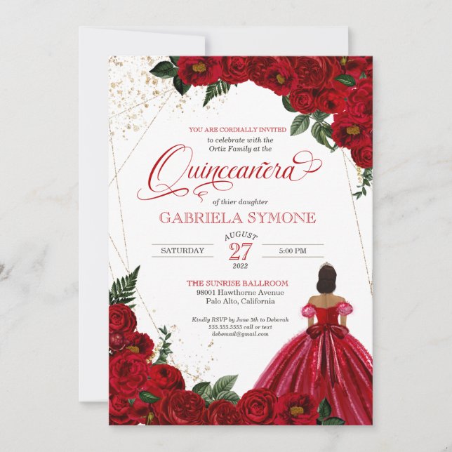 Invitation Rouge Floral Blanc & Or Elegant Gown Quinceanera (Devant)