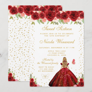 Invitation Rouge Floral Blonde Cheveux Princesse Sweet Seize