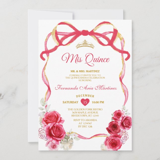 Invitation Rouge Floral Bow Ribbon Gold Crown Girl Mis Quince (Devant)