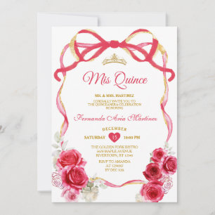 Invitation Rouge Floral Bow Ribbon Gold Crown Girl Mis Quince