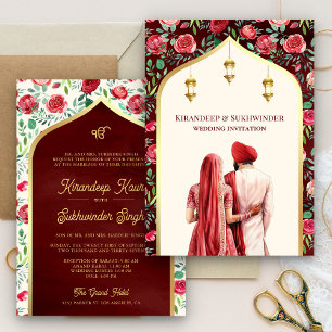 Invitation Rouge Floral Crème Or Anand Karaj Mariage Sikh
