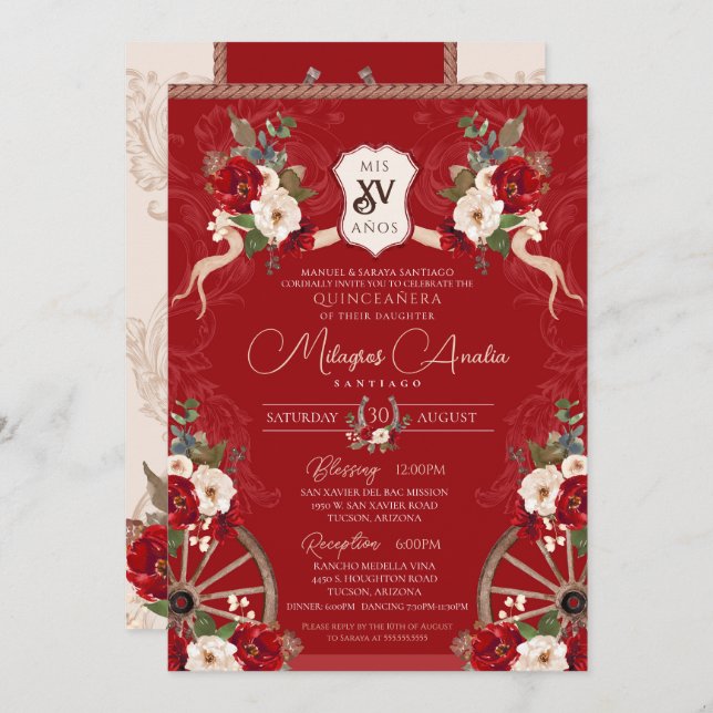 Invitation Rouge Floral Élégant Baroque Charra Quinceañera (Devant / Derrière)