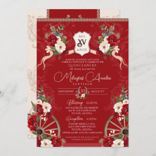 Invitation Rouge Floral Élégant Baroque Charra Quinceañera