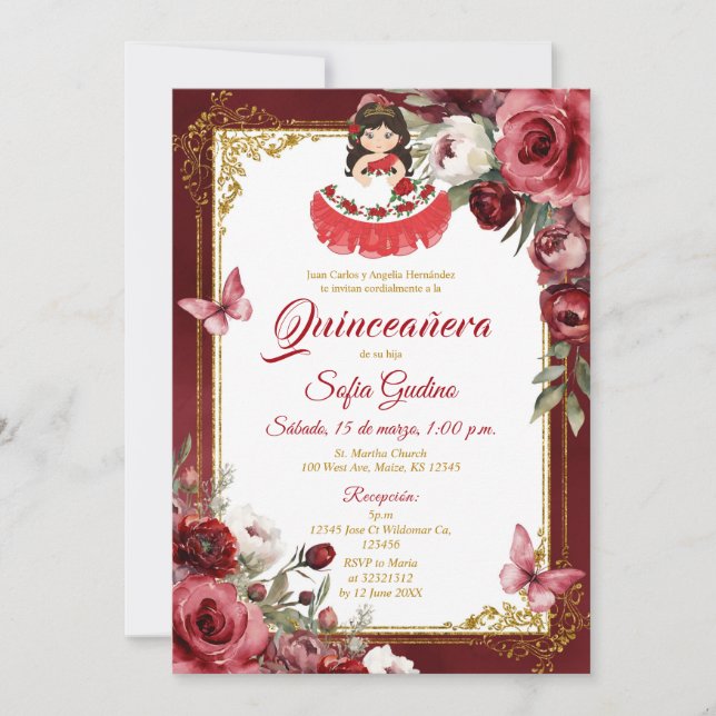 Invitation ROUGE Floral Espagnol mignon fille Quinceañera Pap (Devant)