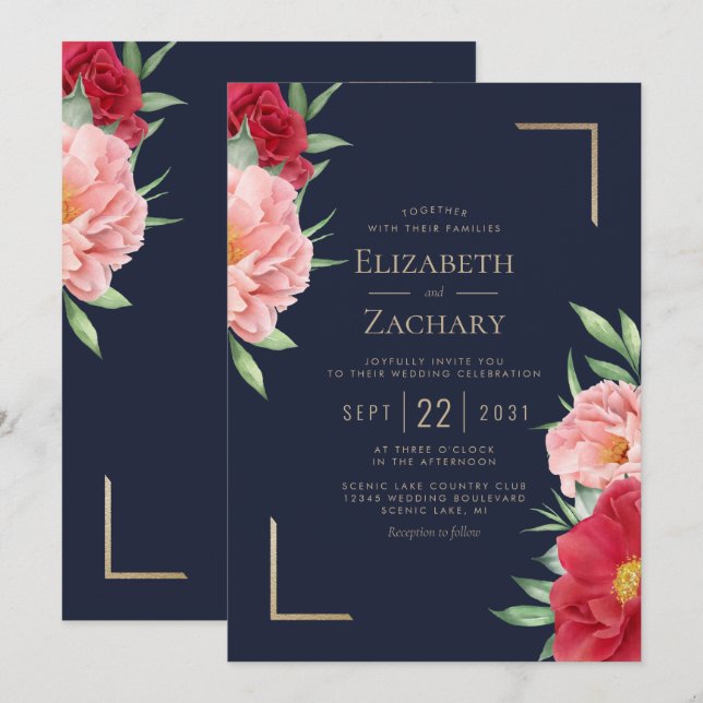 Invitation Rouge Floral Mariage Bleu Nuit Or (Devant / Derrière)
