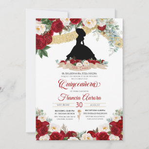 Invitation Rouge Floral Or Elégant Charro Quince Anniversaire