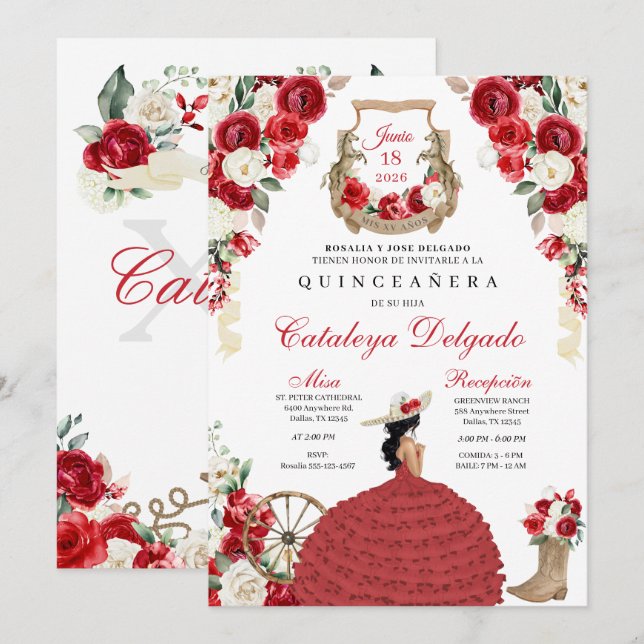 Invitation Rouge Floral Ouest Mariachi Charro Quinceañera (Devant / Derrière)