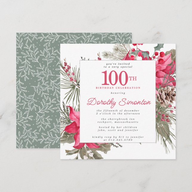 Invitation Rouge Floral Poinsettia 100e Carré de fête d'anniv (Devant / Derrière)