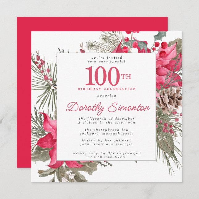 Invitation Rouge Floral Poinsettia 100e Carré de fête d'anniv (Devant / Derrière)