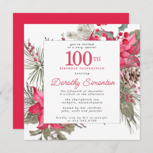 Invitation Rouge Floral Poinsettia 100e Carré de fête d'anniv