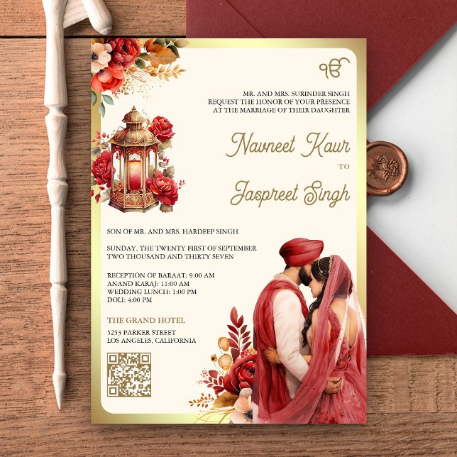 Invitation Rouge Floral QR Code Anand Karaj Sikh Mariage (Créateur téléchargé)