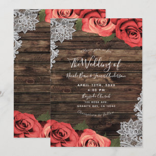 Invitation Rouge Floral Romantique Roses Mariage Bois Rustiqu