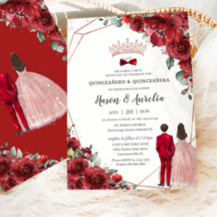 Invitation Rouge Floral Rose Gold Twins Garçon fille Quinceañ