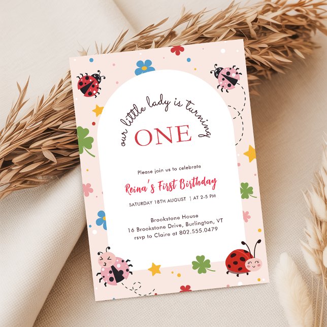 Invitation Rouge Floral Rose Mignon Punaise Coccinelle 1er An (Créateur téléchargé)