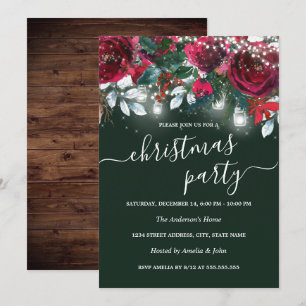 Invitation Rouge Floral Rustique Étincelle Fête de Noël