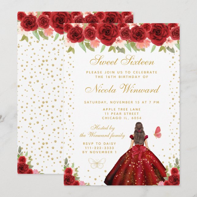 Invitation Rouge Florale Brunette Cheveux Princesse Sweet Sei (Devant / Derrière)