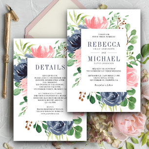 Invitation Rouge Foncé Bleu Marine Floral Robe de Mariée Une
