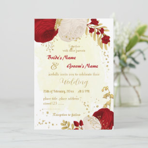 Invitation rouge foncé et fleurs blanches or mariage
