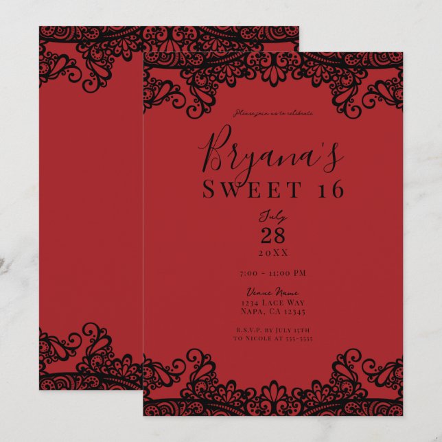 Invitation Rouge foncé et noir Masquerade Sweet 16  (Devant / Derrière)