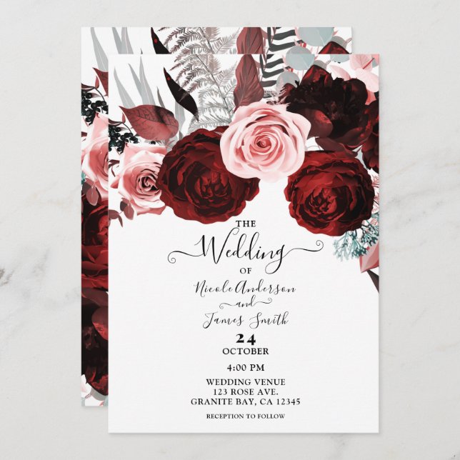 Invitation Rouge foncé et rose Floral Vert Mariage blanc (Devant / Derrière)