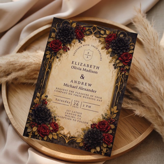 Invitation Rouge Foncé Floral Baroque Mariage (Créateur téléchargé)