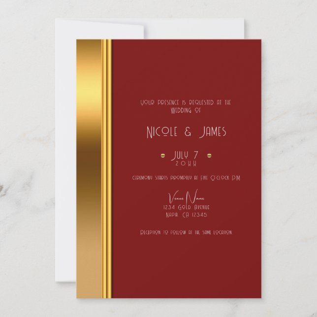 Invitation Rouge foncé & or élégant Mariage Royal Glam (Devant)