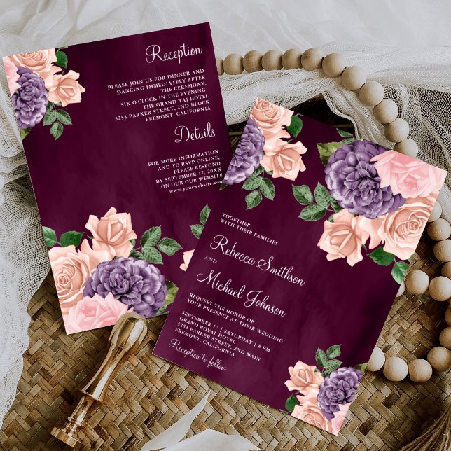 Invitation Rouge Foncé Rose Floral Violet Robe de Mariée Inté (Créateur téléchargé)
