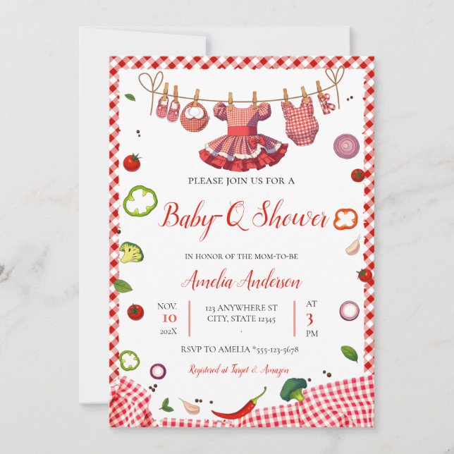 Invitation Rouge Gingham Carreaux BBQ Baby Shower Rustique (Devant)
