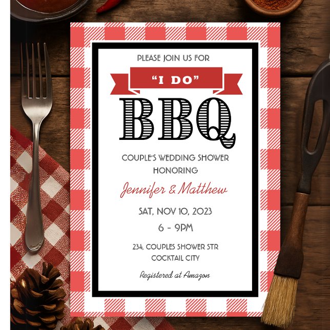 Invitation Rouge Gingham Rustique Je le fais Barbecue Mariage (Rustic Red Gingham I Do BBQ Wedding Couples Shower Invitation)