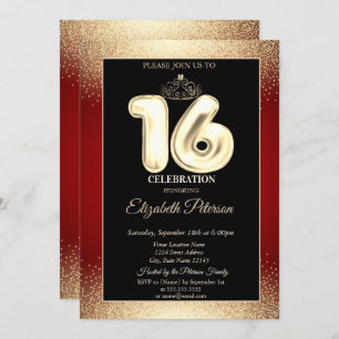 Invitation Rouge, Gold Tiara Confetti, Sweet 16 Party