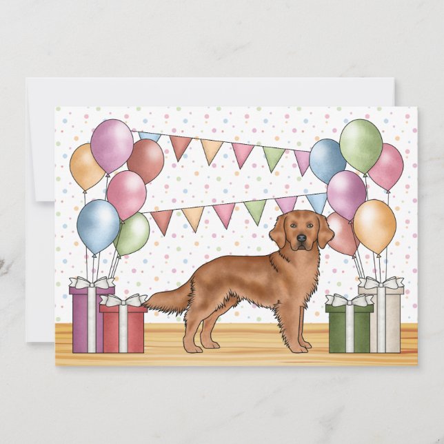 Invitation Rouge Golden Retriever Coloré Pastel Anniversaire (Devant)