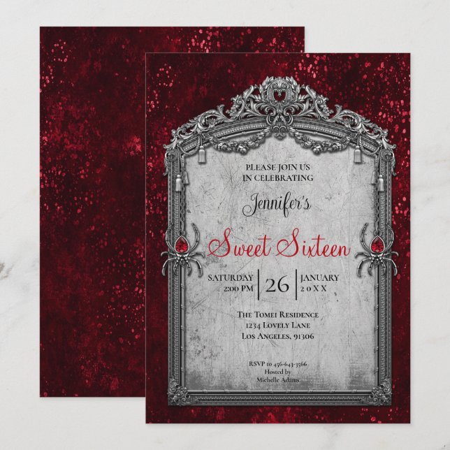 Invitation Rouge gothique Sweet 16 (Devant / Derrière)