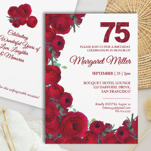 Invitation Rouge Gras Floral Nombre Élégant 75e Anniversaire