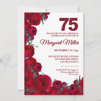 Invitation Rouge Gras Floral Nombre Élégant 75e Anniversaire