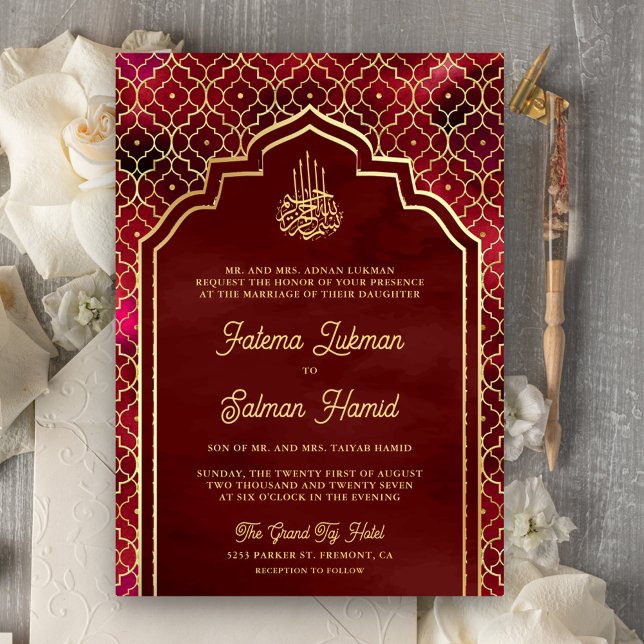 Invitation Rouge Grenat Or Arc Marocain Mariage Musulman (Créateur téléchargé)
