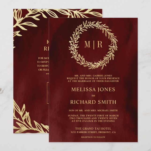 Invitation Rouge Grenat Or Feuille Branche Code QR Mariage (Devant / Derrière)
