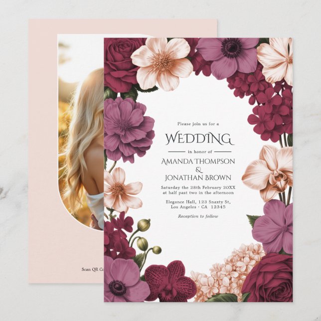 Invitation Rouge Grenat, Rosette Mauve & Soie Pêche Mariage (Devant / Derrière)