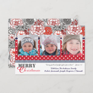 Invitation Rouge, Gris, Fleurs de marine 3 Photos-3x5Carte de