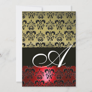 Invitation ROUGE GRIS NOIR  DAMAS MONOGRAMME ,blanc brillant