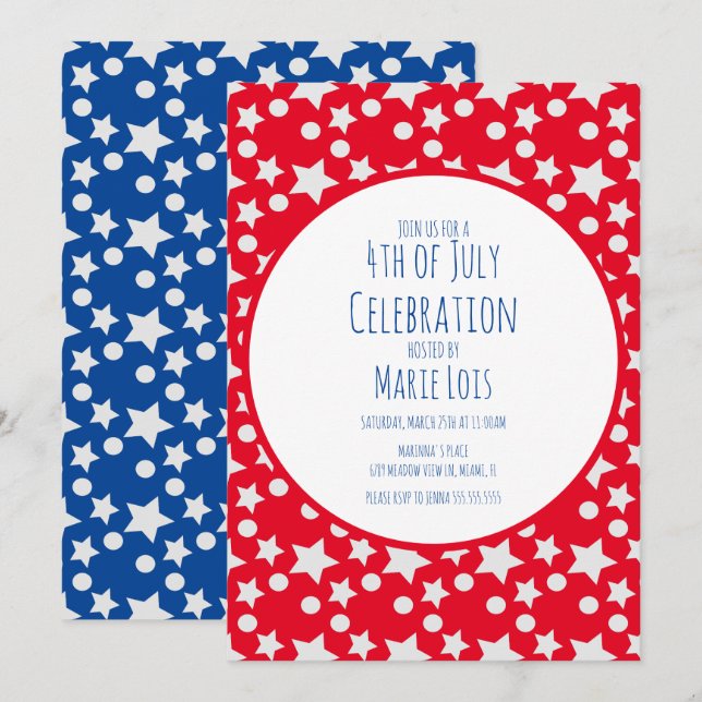 Invitation Rouge Grise Étoiles et Points du 4 Juil (Devant / Derrière)