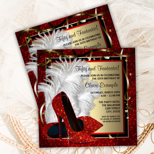 Invitation Rouge Haut talons N'importe quel nombre Rouge Noir (Elegant red, black and gold high heel shoe any number birthday party invitation. )